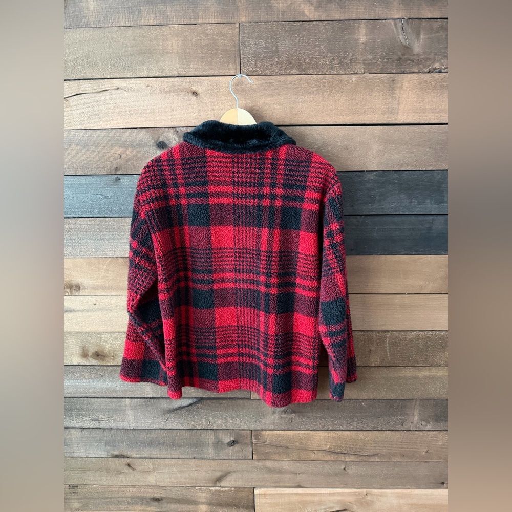 Vintage Plaid Fleece Jacket Red Black Faux Fur Collar Zip Front Size S - Picture 6 of 10